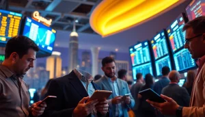 Engaged bettors exploring sports betting sites California on their devices amid iconic landmarks.