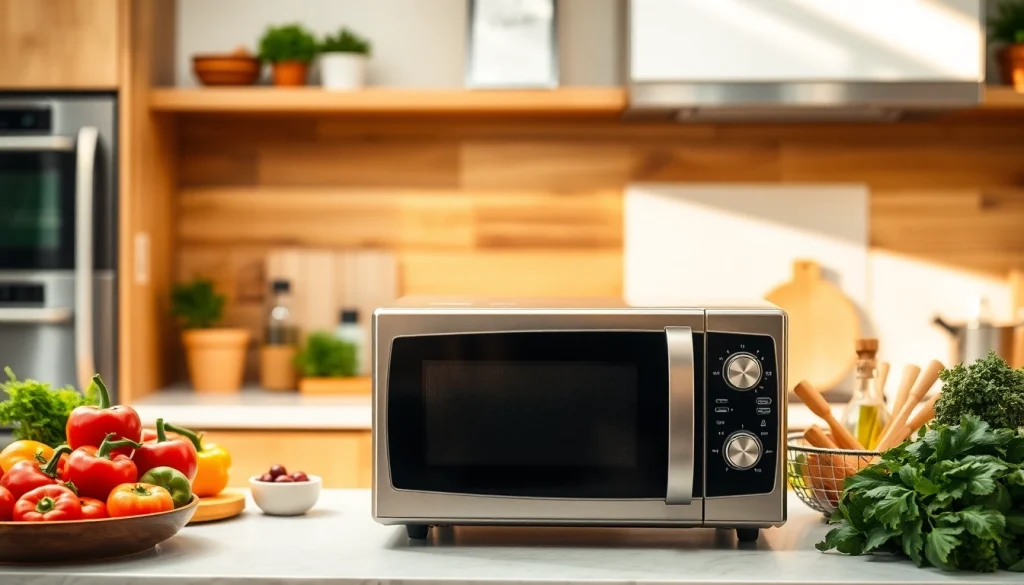 Showcase a modern microwave oven in a professional kitchen, symbolizing cooking convenience and style.