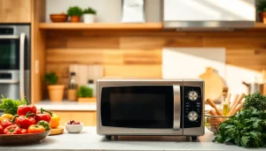 Showcase a modern microwave oven in a professional kitchen, symbolizing cooking convenience and style.