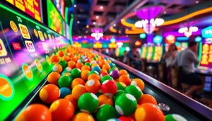 Permainan plinko slot yang berwarna-warni dengan bola yang jatuh dari papan permainan.