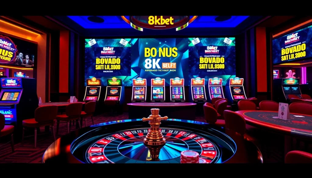 Join in the excitement with 8kbet khuyến mãi showcasing vibrant casino promotions on a digital display.