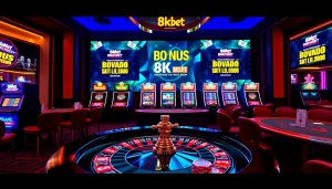 Join in the excitement with 8kbet khuyến mãi showcasing vibrant casino promotions on a digital display.