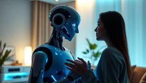 An intimate interaction between a human and an ai sex bot in a modern living room setting, showcasing advanced technology and connection.
