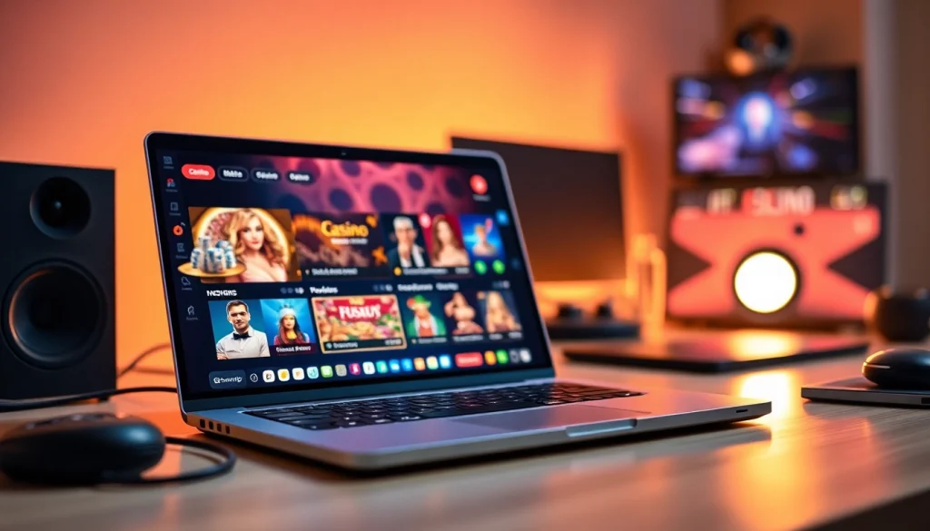 Explore online casinos Georgia with a vibrant gaming setup featuring a laptop and casino game screens.