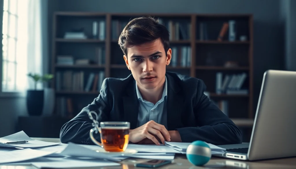 Visually representing brain fog, a person struggles with focus in a disorganized office.