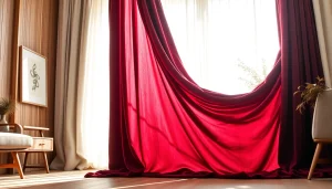 Gordijnstof in luxueuze velours gordijnen in een elegant ingerichte kamer.