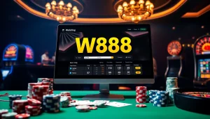 Hình ảnh đại diện cho một thiết lập cá cược trực tuyến cao cấp có liên kết truy cập W88, kèm theo các đạo cụ casino như chip poker và xúc xắc.