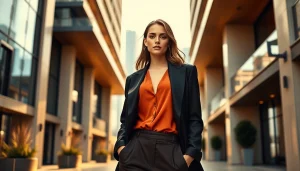 Showcase Rivelle fashion in an elegant urban setting with a stylish model and luxurious details.