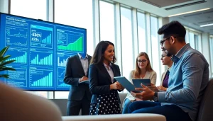 Professional team engaged in online contact data verification in a modern office.