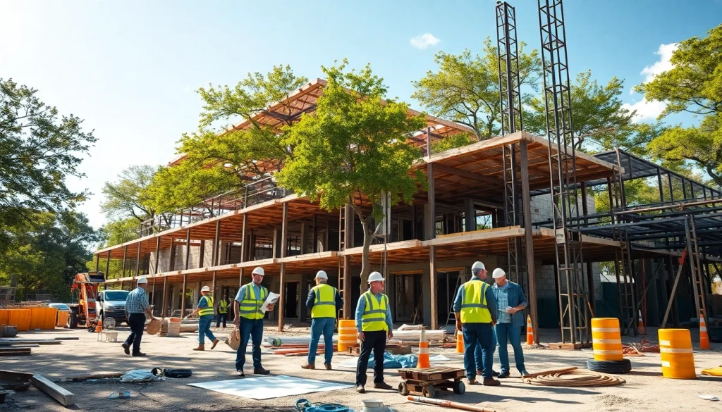 Workers engaging in Austin construction activities with vibrant teamwork on a bright day.