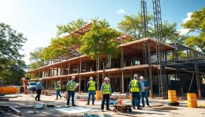 Workers engaging in Austin construction activities with vibrant teamwork on a bright day.