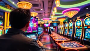 Pinco Casino onlayn oyunlar mühitində rəngarəng slot maşınları və oyun masaları ilə dolu bir məkan.