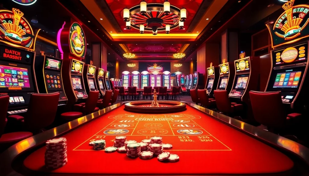 idnslot table surrounded by vibrant slot machines and poker chips, showcasing a thrilling casino atmosphere.