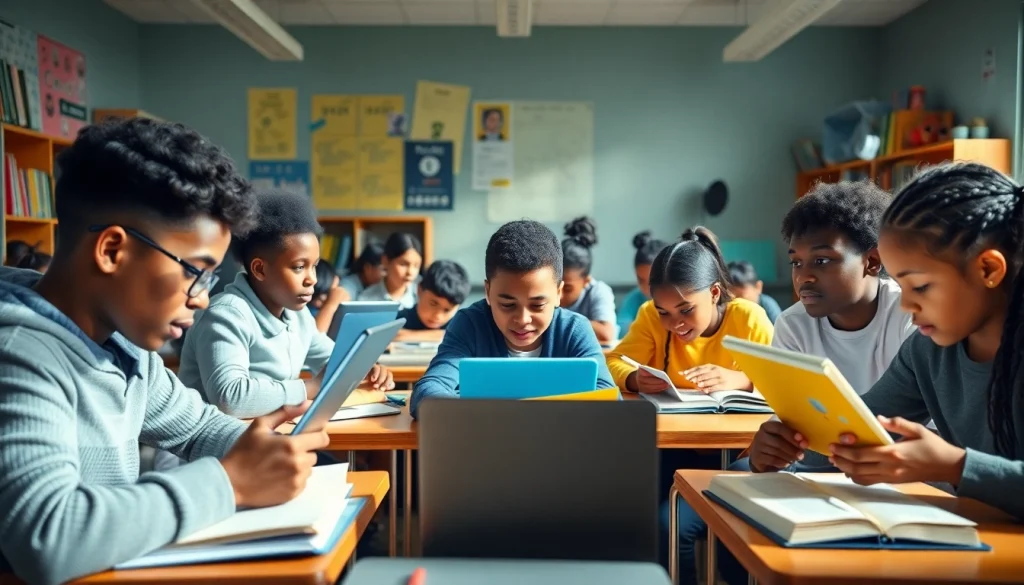 Dynamic classroom scene showcasing education innovation and collaboration among diverse students.