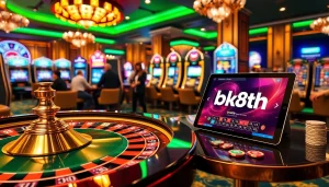 Players enjoy thrilling games at bk8th casino, featuring elegant roulette and vibrant slot machines.