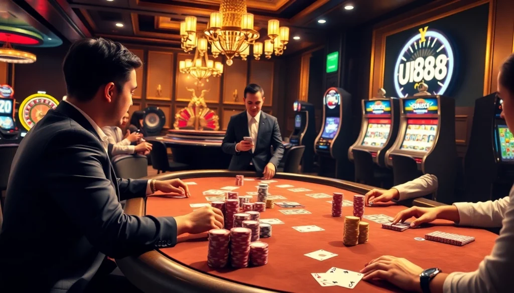 A thrilling poker game at U88 casino showcasing vibrant poker chips and an engaging atmosphere.