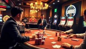 A thrilling poker game at U88 casino showcasing vibrant poker chips and an engaging atmosphere.