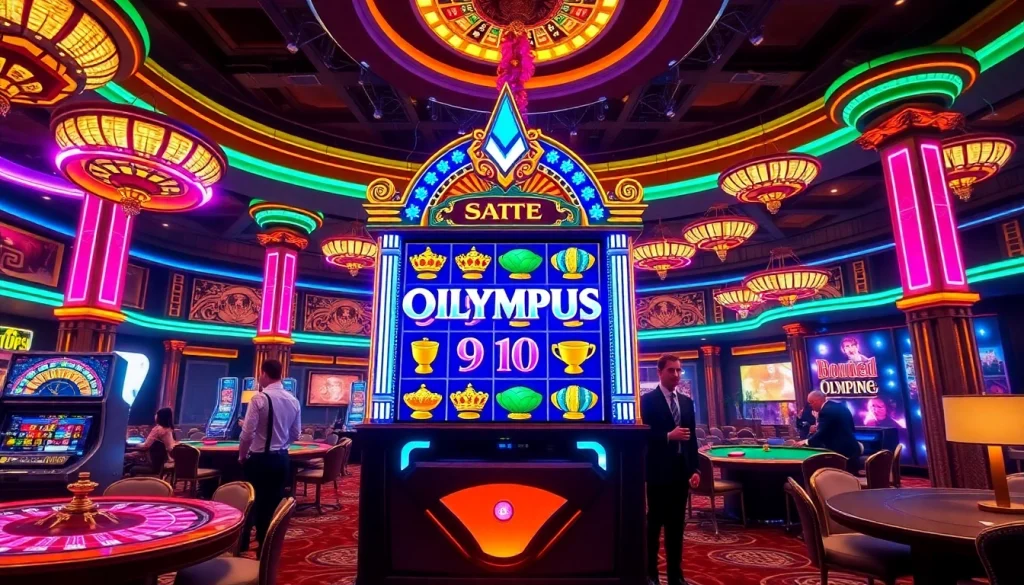Para pemain memutar mesin slot Gates of Olympus 1000 di tengah suasana kasino yang meriah.