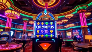 Para pemain memutar mesin slot Gates of Olympus 1000 di tengah suasana kasino yang meriah.
