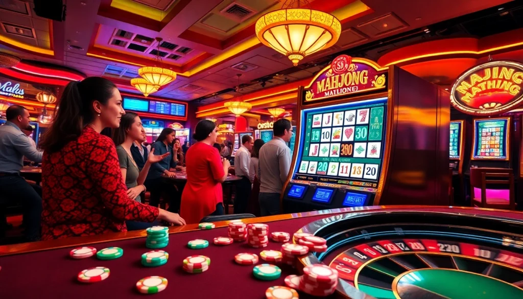 Players enjoying the slot demo mahjong at a vibrant casino, capturing excitement and unique gameplay features.