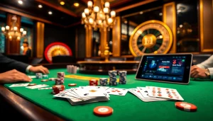 Experience the excitement of i9 bet with a lavish casino setting featuring poker chips and a roulette wheel.