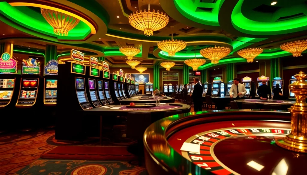 Sbobet betting interface with vibrant slot machines and poker tables in a luxurious casino.