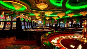 Sbobet betting interface with vibrant slot machines and poker tables in a luxurious casino.