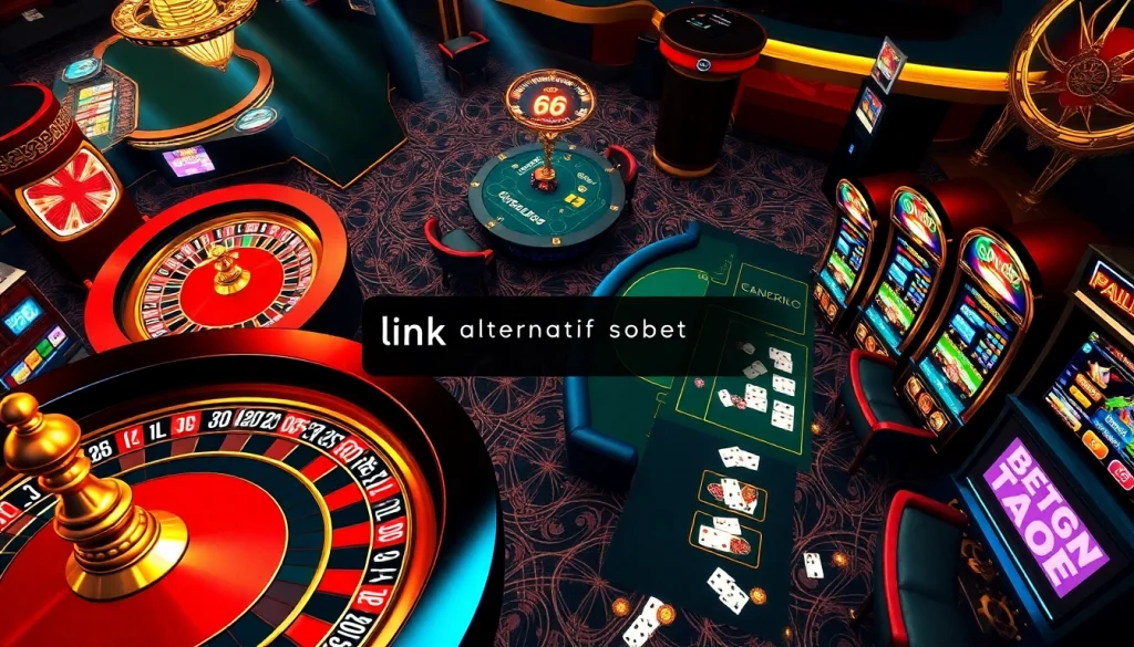 Exciting online gambling scene showcasing link alternatif sbobet with roulette, poker, and slots.