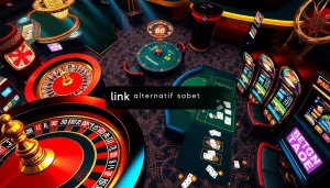 Exciting online gambling scene showcasing link alternatif sbobet with roulette, poker, and slots.