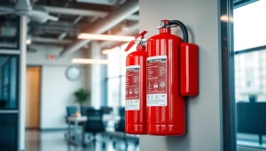 Showcasing an electrical fire extinguisher prominently mounted on an office wall, highlighting safety features.