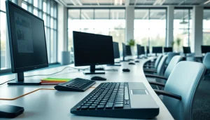 Explore a vibrant typing center workspace designed for productivity and organization.