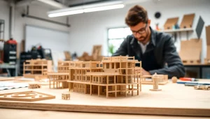 Verschiedene architekturmodellbau Mönchengladbach Modelle werden in einem hellen Werkstattumfeld präsentiert.