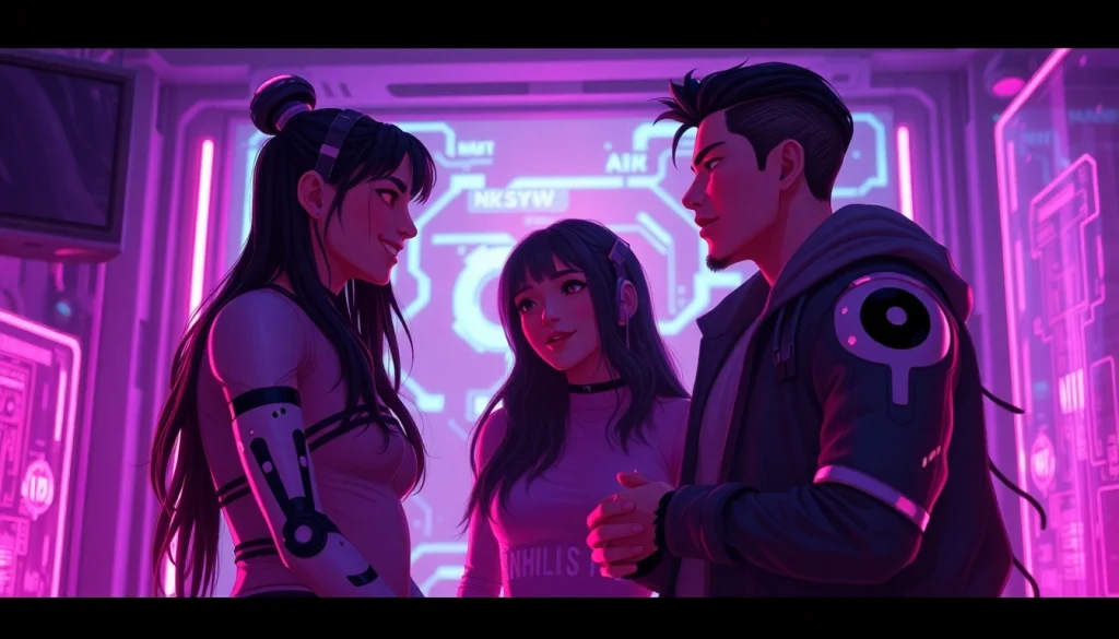 Engaging NSFW AI scene with interactive characters reflecting a high-tech vibe