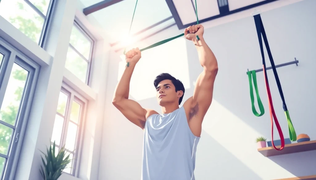 Engaged individual using resistance bands for pull-ups in a bright gym, showcasing fitness strength and determination.