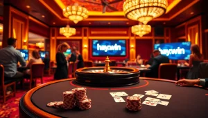 Experience the thrill of gaming as players engage at the hay.win poker table in a luxurious casino setting.