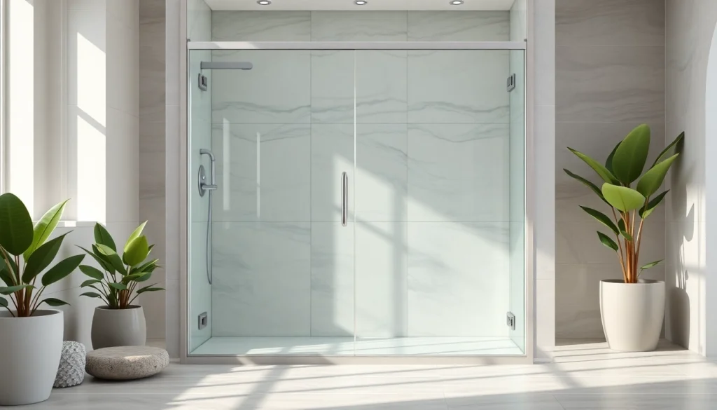 Showcase of glass shower doors in a modern bathroom with a sleek design.