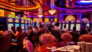 Pemain merayakan di slot Depo 1K, menampilkan mesin berwarna-warni dan suasana kasino yang mewah.