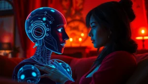 Interactive scene showing a user engaging with an nsfw ai chatbot in a cozy, intimate setting.