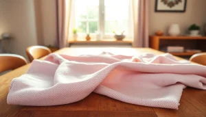 Vouw van een zachte hydrofiele stof met delicate texturen op een houten tafel.