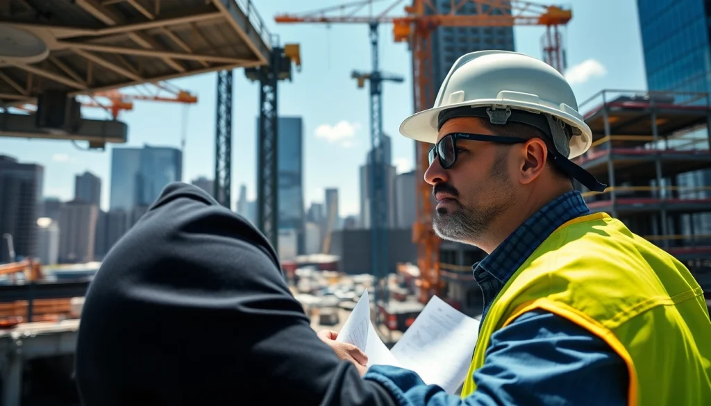 New York City Construction Manager directing a busy urban construction site with cranes and blueprints.