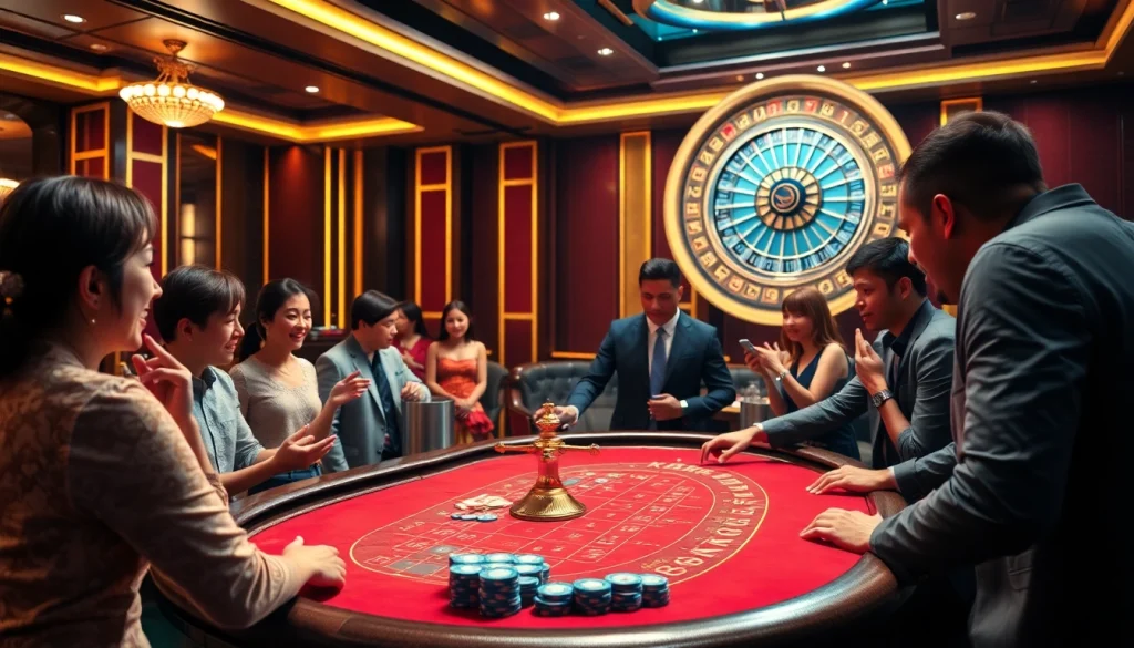 Engaging players at the FLY88 Đăng kí gaming table with vibrant chips and excitement.