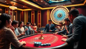 Engaging players at the FLY88 Đăng kí gaming table with vibrant chips and excitement.