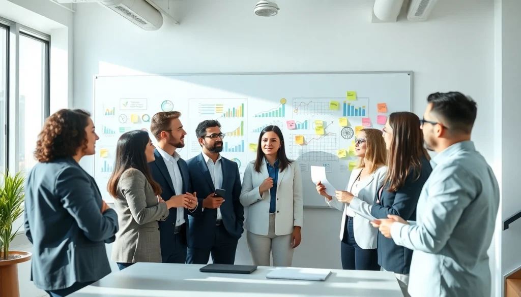 Analyze growth strategy trends with a diverse team in a modern office setting.