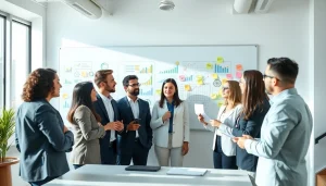 Analyze growth strategy trends with a diverse team in a modern office setting.