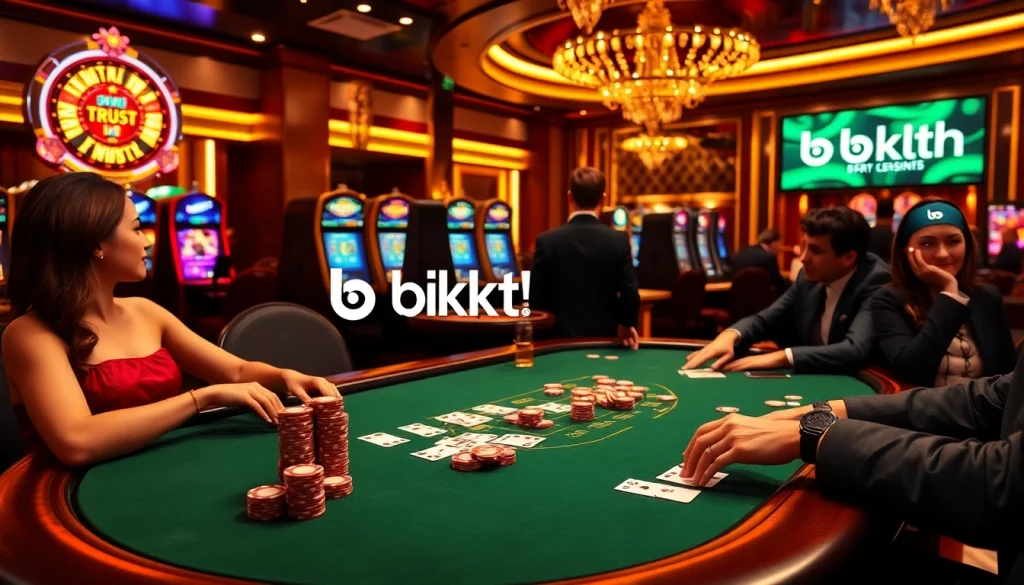 Engaged gamblers enjoying high-stakes games at BK8th's luxurious casino tables, showcasing excitement and elegance.