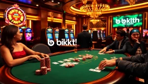 Engaged gamblers enjoying high-stakes games at BK8th's luxurious casino tables, showcasing excitement and elegance.