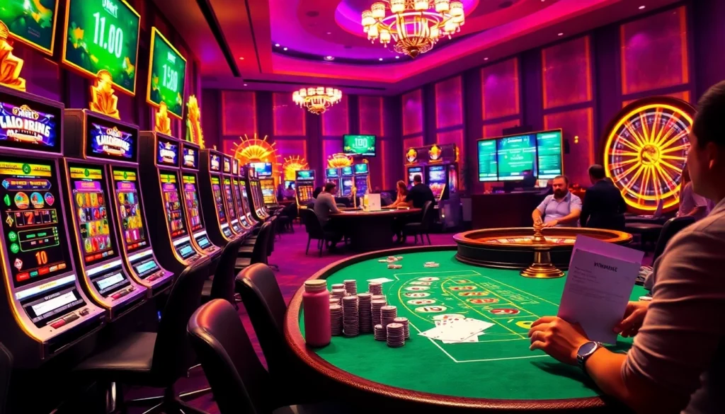 Players engaging in high-stakes action at i9bet's luxurious casino tables with vibrant slot machines.