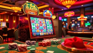 Permainan slot demo Mahjong yang menarik dengan elemen kasino yang hidup dan suasana yang penuh semangat.