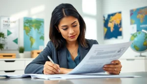 Reviewing the eta application uk documents in a modern office setting.