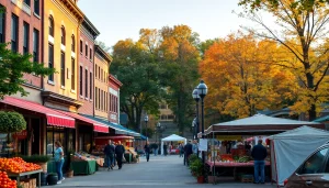 Visit Clarksburg's vibrant market scene featuring local vendors and autumn foliage.